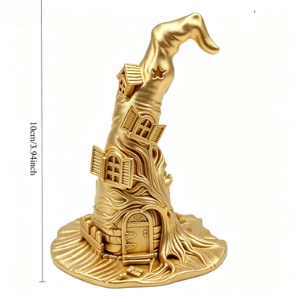 Witch Hat Shaped House Sculpture Desktop Storage Rack Halloween Spooky Cabin Figurine Bedroom Entryway Table Decor Holiday Gifts Oasis Select Gold 10cm