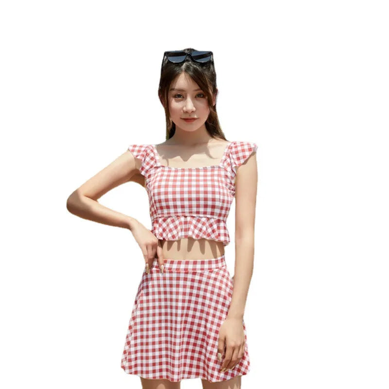 Swimsuit for women summer mini splitflat corner skirt style, hot spring cute girl, checkered student swimsuit Oasis Select Beige 85-59 kg