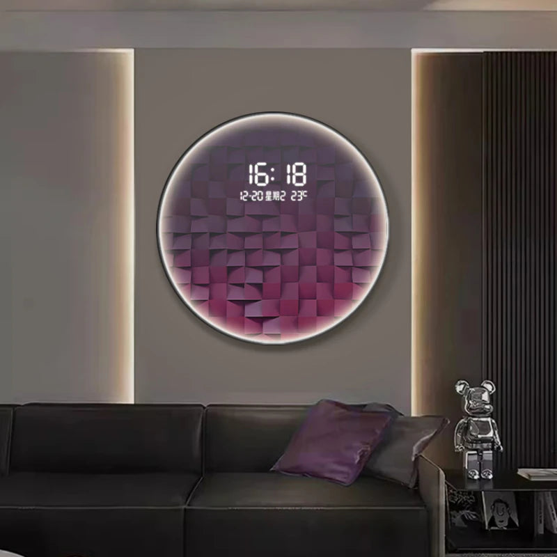 Light luxury gradient square living room decorative painting with LED wall clock restaurant creative light hanging picture clock Oasis Select