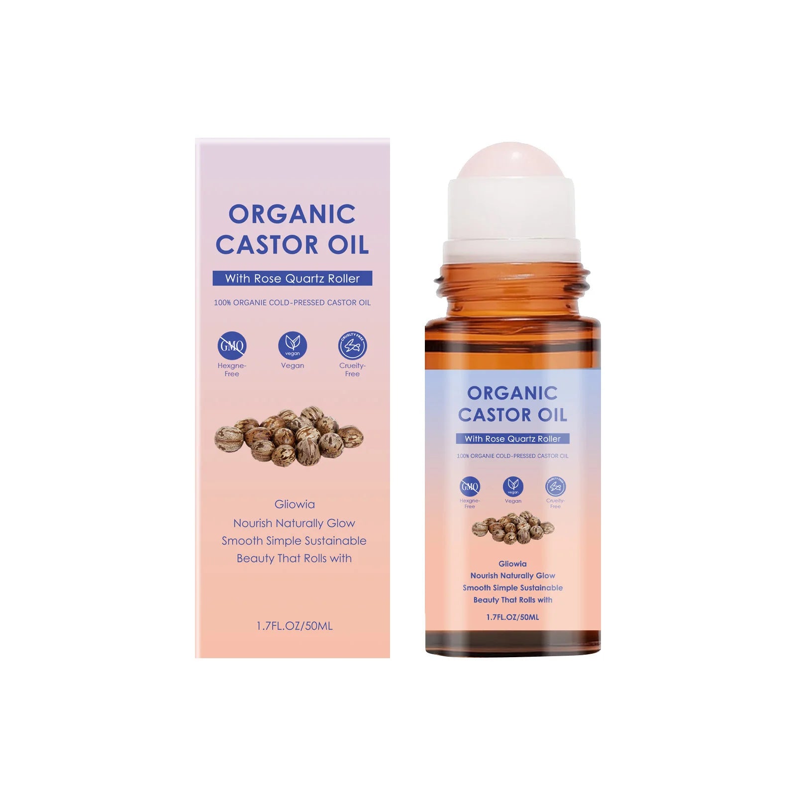Organic Castor Oil Rose Quartz Roller Ball | 50ml Castor Oil Roller Oasis Select 50ml Boxed