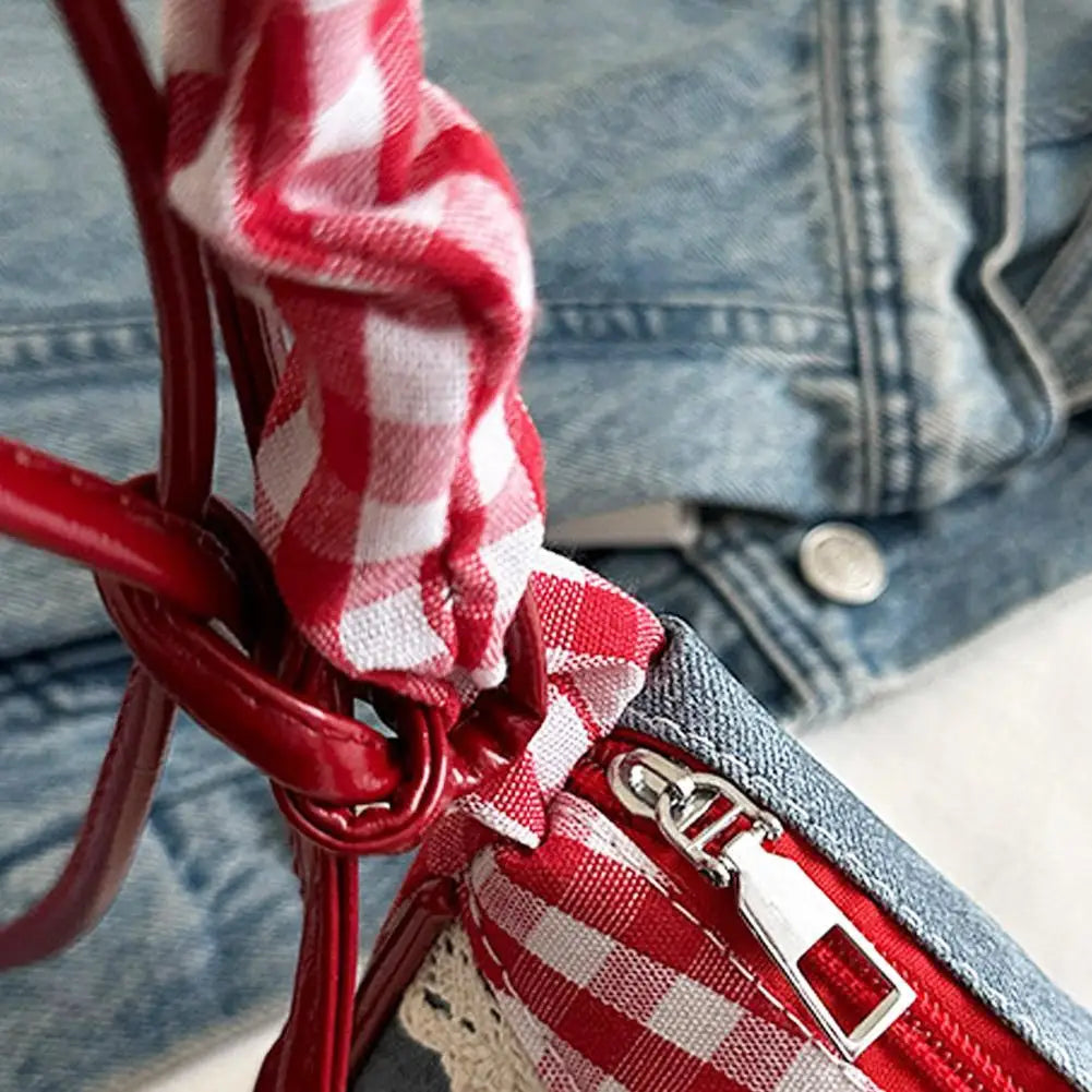 New Cute Checkered Handbags Sweet Lace Underarm Bag Bowknot Armpit Shoulder Crossbody Bag Y2k Fashion Casual Shoulder Bag Oasis Select