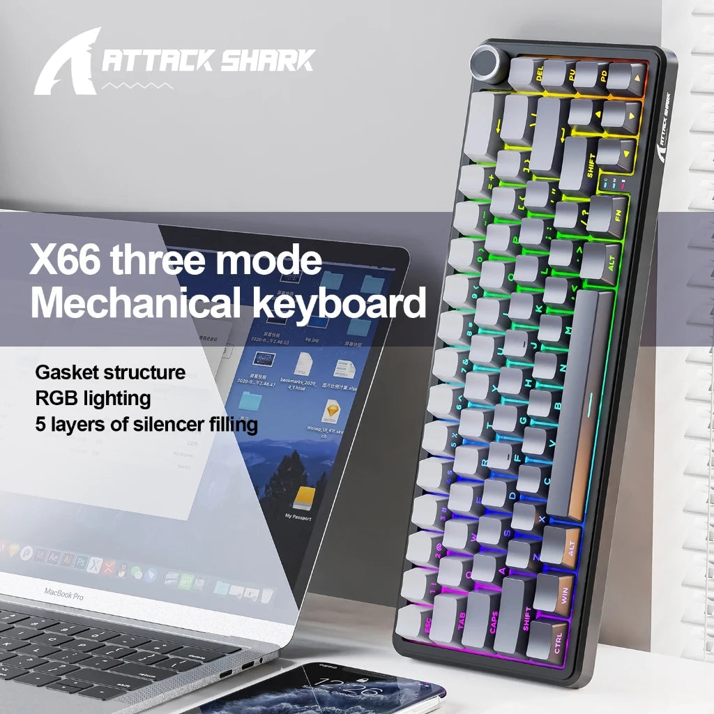 ATTACK SHARK X66 Mechanical Wireless Keyboard | 66-Key Gasket Tri-Mode, Hot-Swap RGB, 3000mAh & CNC Knob for PC/Mac Oasis Select
