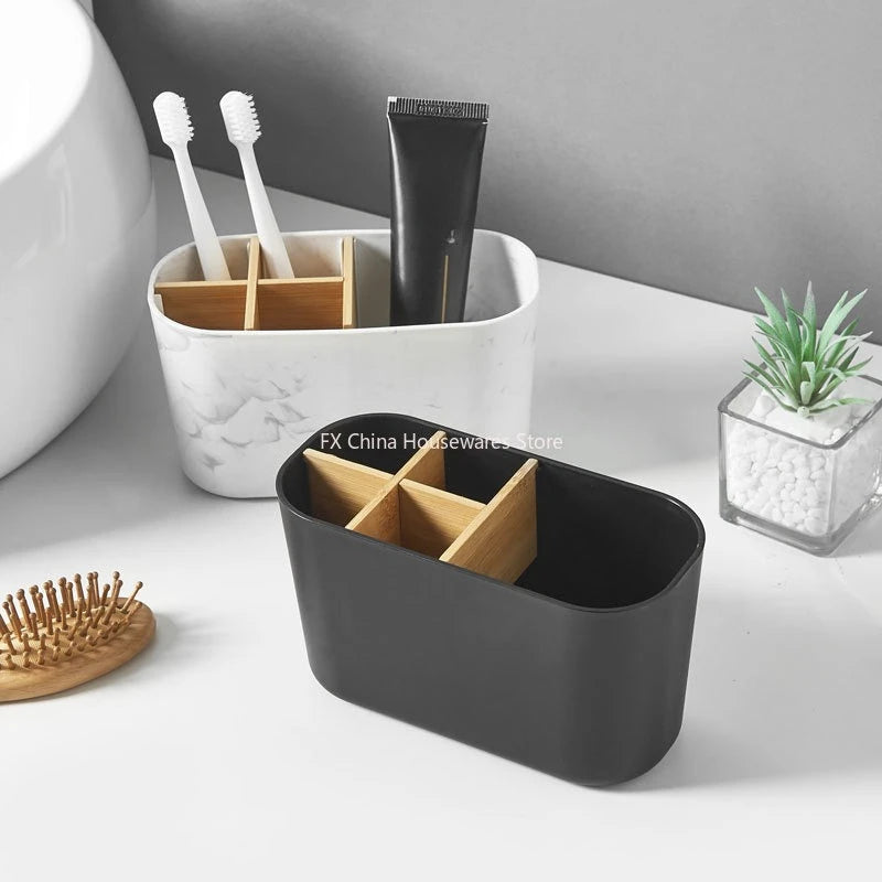 Toothbrush Holder For Electric Brushes Bathroom Counter Organizer With 5 Slots Bamboo For Electric Toothbrushes and Toothpaste Oasis Select