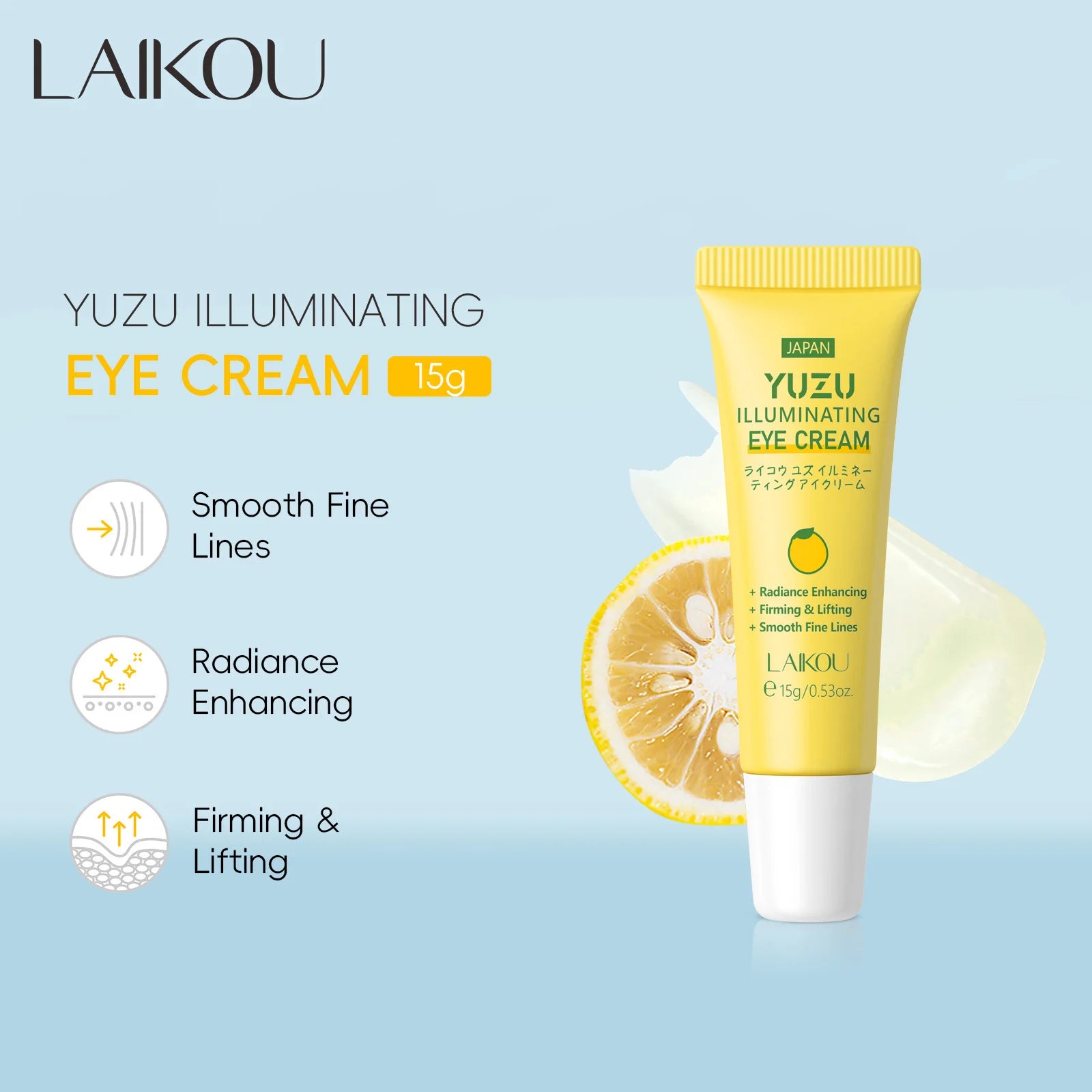 LAIKOU Yuzu Eye Cream Anti Dark Circle Eye Bags Brightening Wrinkle‑Reducing Firming Eye Care 15g Oasis Select