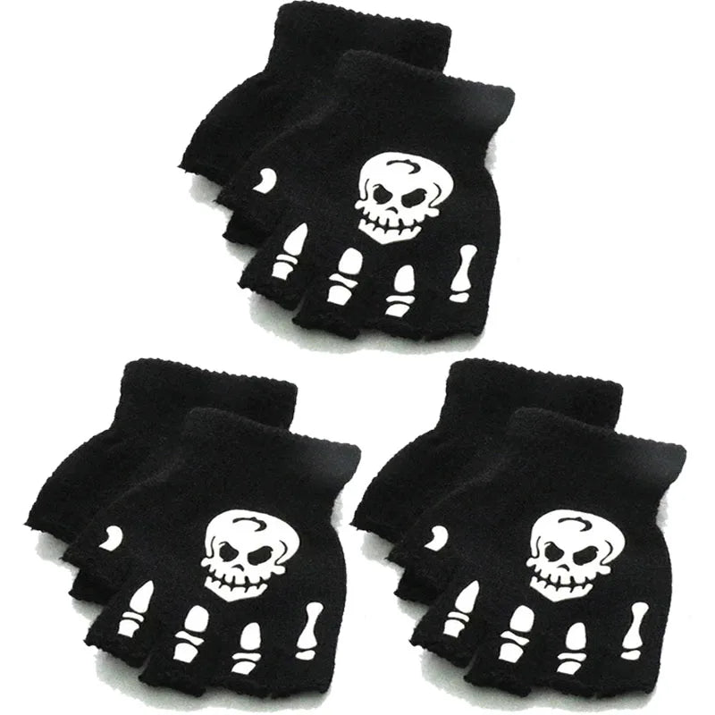 1/3/6Pairs Unisex Adult Halloween Skeleton Skull Half Finger Gloves Glow In The Dark Fingerless Stretch Knitted Winter Mittens Oasis Select 01-3pairs