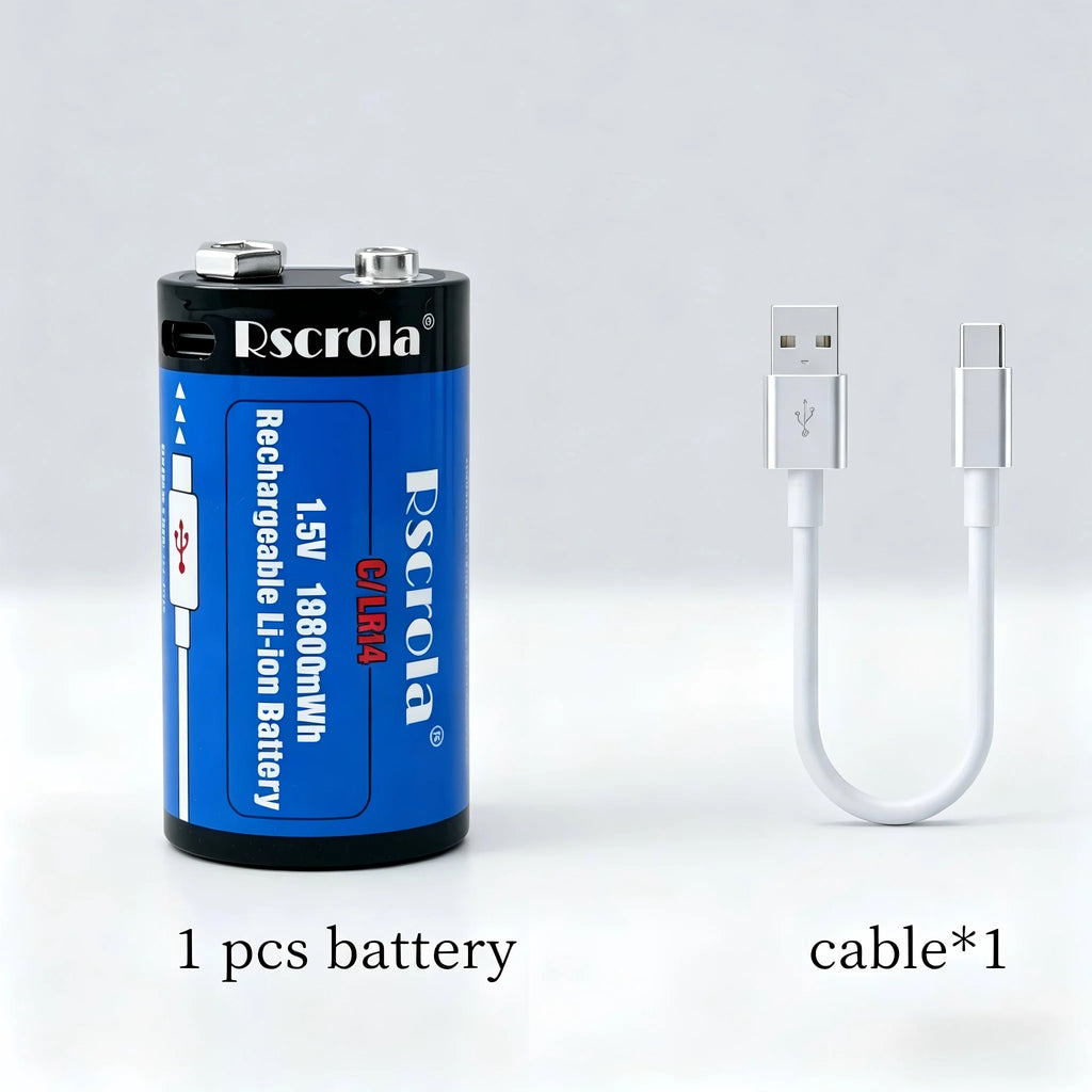 USB-C Rechargeable D Cell /C Cell Battery Li-ion High Capacity 23800mWh 19800mWh Rechargeable Batteries for Flashlight Radio Toy Oasis Select 1.5V 1 C Size Battery