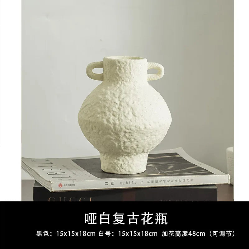 Ins-style Retro Ceramic Vase, Artistic Flower Vase, Living Room Flower Arrangement, Double-ear Pendant, Simple and Elegant Vase Oasis Select White