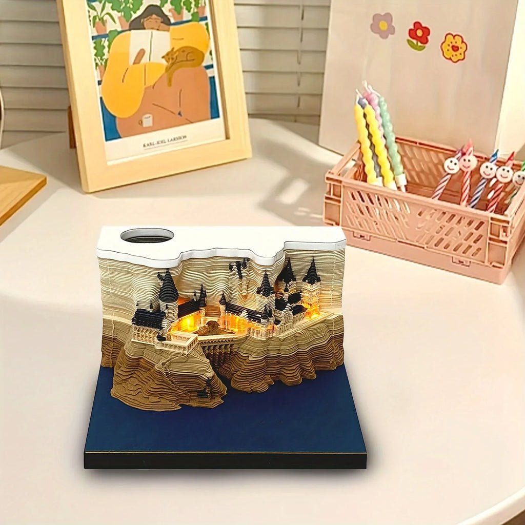 3D 3D Magic Castle Sticky Note Calendar Tearable Paper Sculpture with LED Light Weekly Desk Decor Creative Craft Gift Oasis Select