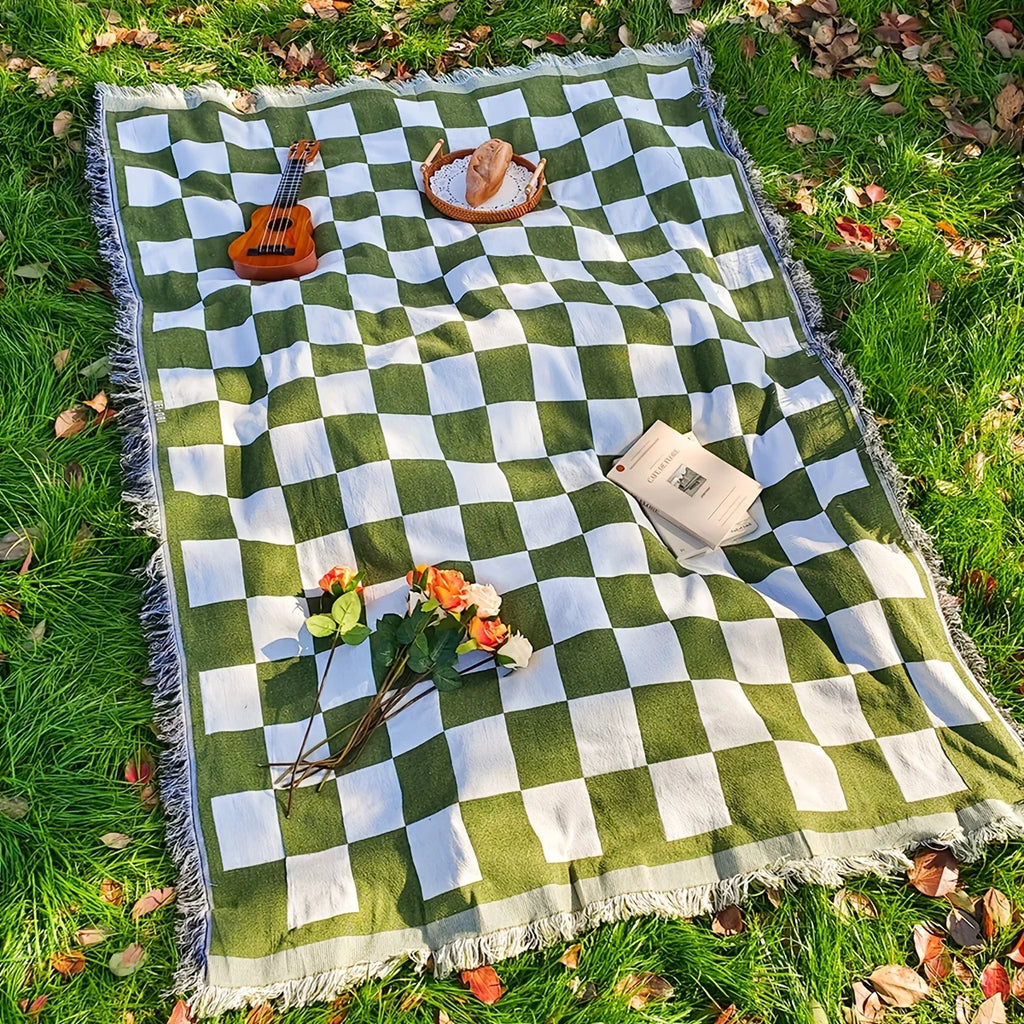 1pc French square matcha green belt tassel picnic mat Oasis Select