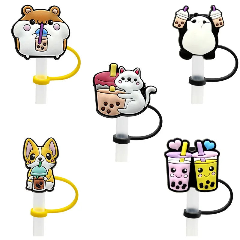 8mm/0.32in Straw Cover Cap Silicone Cute Animals Milk Tea Straw Protector Cover Straw Tip Topper for Stanley 30&40oz Tumbler Oasis Select