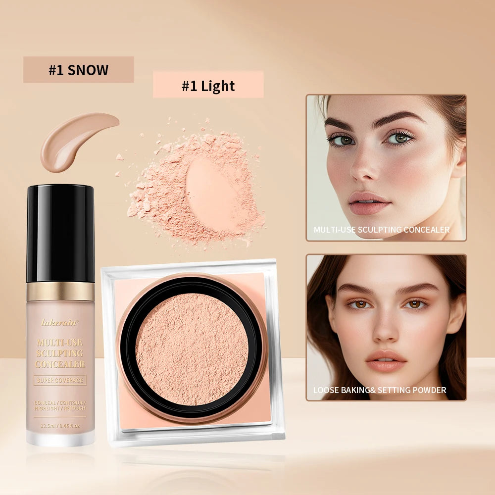 2pcs Face Makeup Set With Concealer And Loose Setting Powder Natural Face Smooth Matte Finish Women Cosmetics Korean Makeup Oasis Select SET 1
