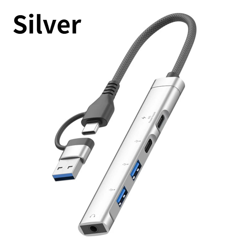 USB+Type-C To 3.5mm Audio Adapter OTG USB hub to Laptop Universal Computer Docking Station Splitter, for pc multiport Adapter Oasis Select Silver