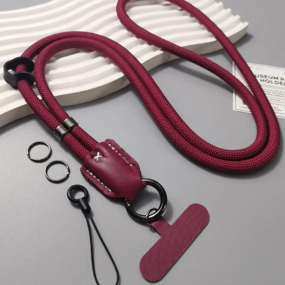 New Nylon Diagonal Mobile Phone Rope Pu Leather Head Braided Long Anti-drop Mobile Phone Rope Clip Mobile Phone Case Rope Oasis Select Wine Red