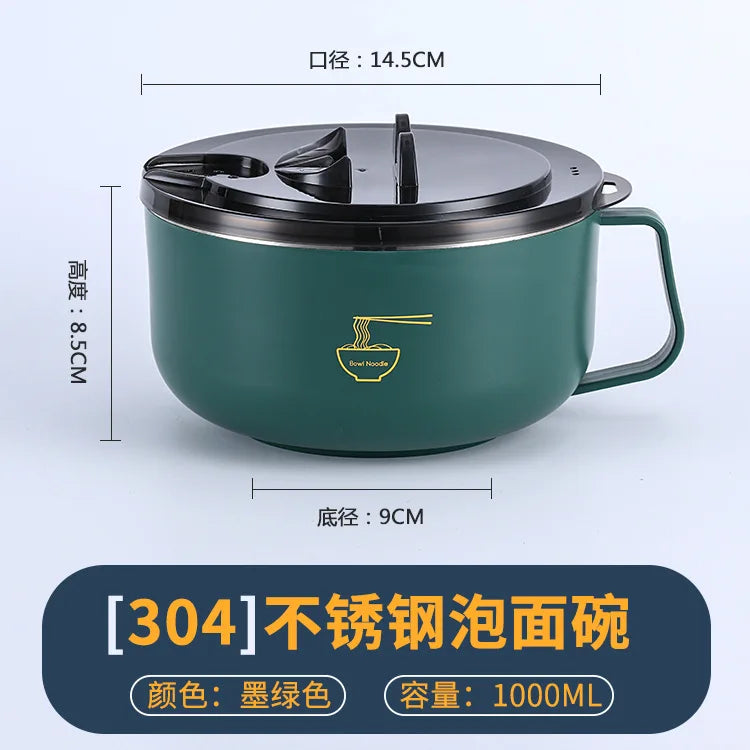 1000/1300ML Ramen Bowl 304 Stainless Steel Noodle Bowl with Lid Heat Resistant Instant Noodles Bowls Cooker Kitchen Tableware Oasis Select 1000ML-Green