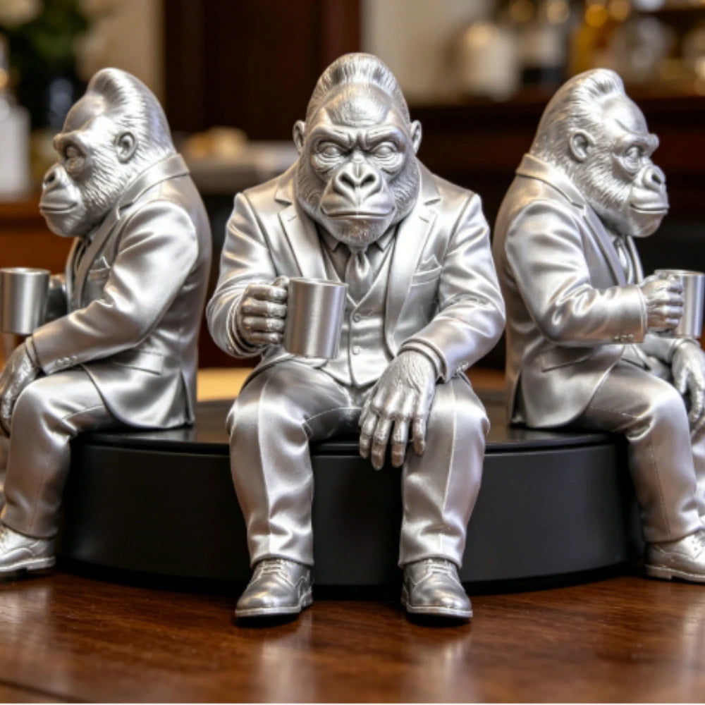 Suit Gorilla Figurine Coffee Drinking Gorilla Statue 3D Printed Sitting Posture Bookshelf Edge Ornament Creative Desk Decor Gift Oasis Select