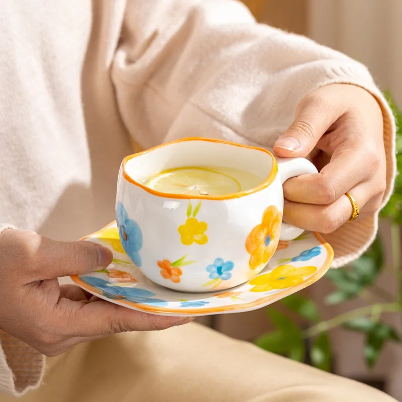 Ceramic Mugs & Saucers Set Coffee Cups Hand Pinched Irregular Flower Milk Tea Cup Ins Style Oatmeal Breakfast Mug Drinkware Oasis Select