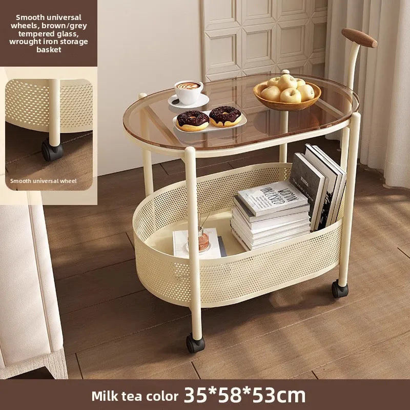 Multi-functional French light luxury movable glass trolley side table living room sofa small coffee table bedroom bedside table Oasis Select Cream White-T-CHA