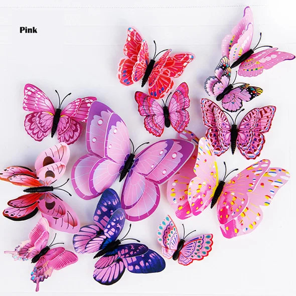 New 12/24pcs 3D Butterfly Wall Stickers Home Christmas Wedding Decoration Photography Props Magnetic Refrigerator Magnets Oasis Select 12Pcs pink