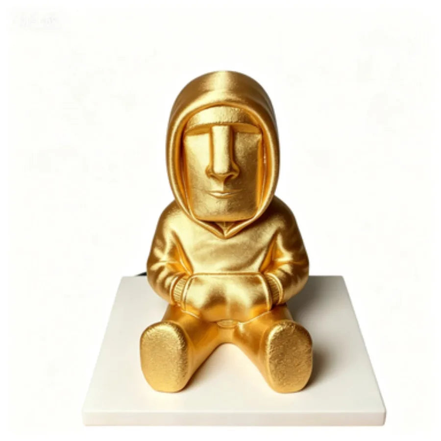 Easter Island Moai Statue- Authentic-Looking Polynesian Figurine Sculpture with Closed Hooded Sweater-like Tunic& Expressive Eye Oasis Select Gold