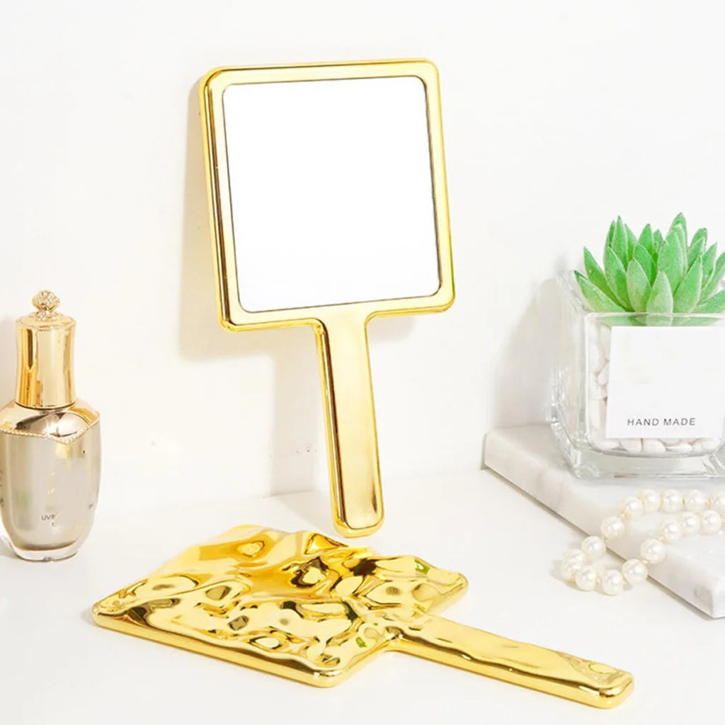 Square Handheld Makeup Mirror Liquid Shape Vanity Mirror With Handle Hand Mirror Spa Salon Compact Mirrors For Eyelash Extension Oasis Select Gold-9x16 cm
