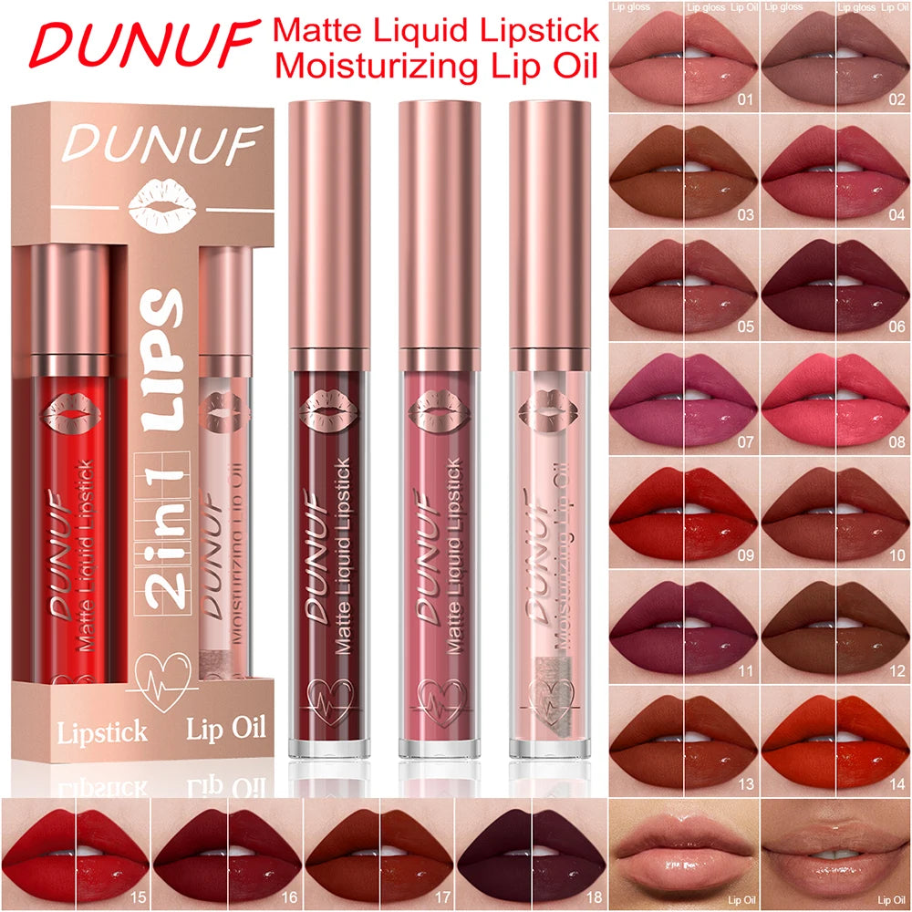 DUNUF Lip Gloss And Lip Oil Set 2-Piece Long-Lasting Waterproof Matte Moisturizing Non-Fading Lipstick Collection Oasis Select
