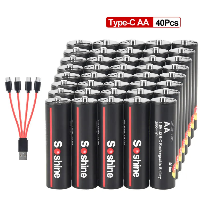 Soshine Original Li-ion AA Rechargeable Batteries USB Lithium battery 2000mWh 1.5V AA Rechargeable Batteries with Charging cable Oasis Select 40pcs AA 1.5V 2000