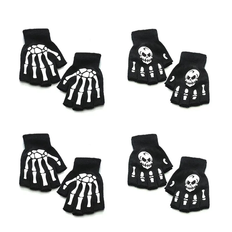 1/2/3/4pairs Adult Kids Halloween Skull Half-Finger Punk Gloves Winter Skull Fingerless Black Gloves Oasis Select mix-4pairs