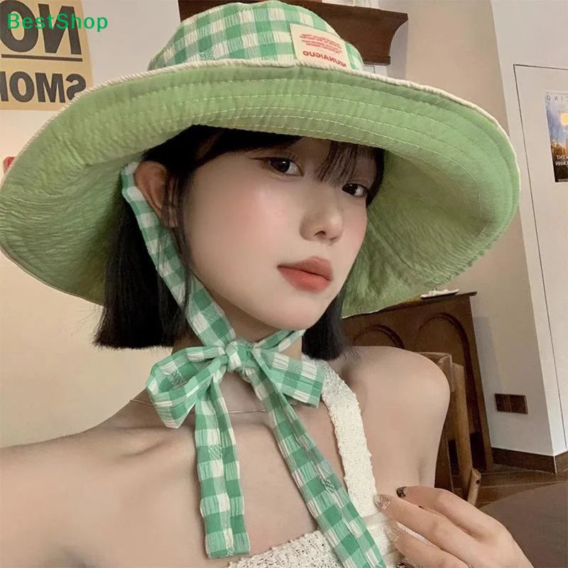 Women's Wide Brim UV Sun Hat with Chin Strap – Plaid Beach