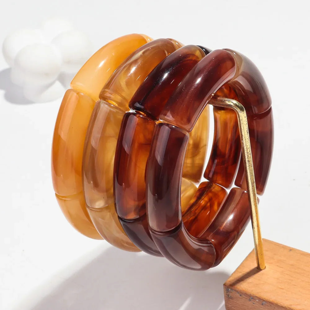 Fashion Acrylic 4PCS/Set Resin Amber Bamboo Bead Elastic Bracelet Bangles Tube Beads Handmake 2024 Trendy Designer Bracelet Set Oasis Select