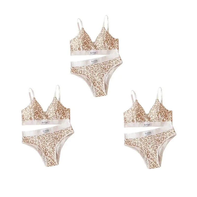 1-4pcs Summer Set New Women's Leopard Print Traceless and Steel Rim Bra Adjustable Shoulder Strap Back Women's Underwear Set Oasis Select Khaki 3 set One Size