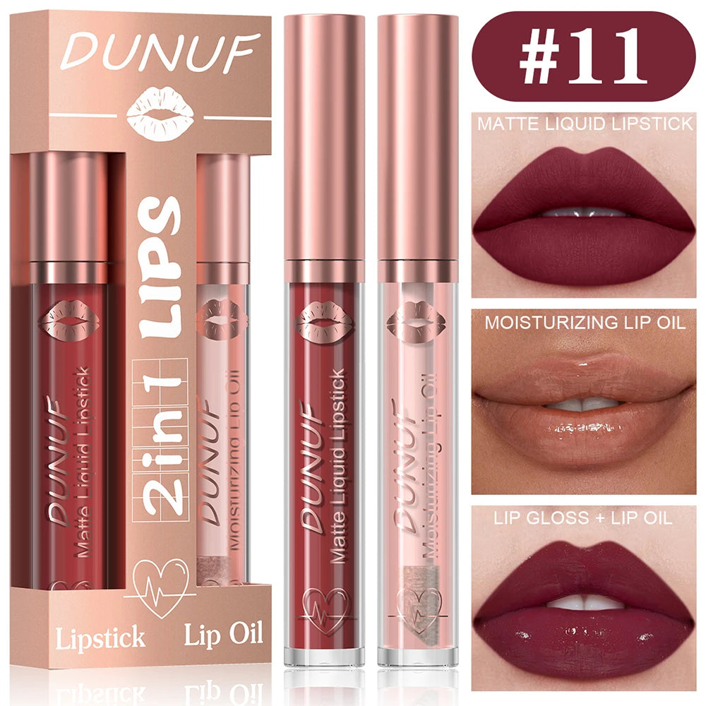 DUNUF Lip Gloss And Lip Oil Set 2-Piece Long-Lasting Waterproof Matte Moisturizing Non-Fading Lipstick Collection Oasis Select 11