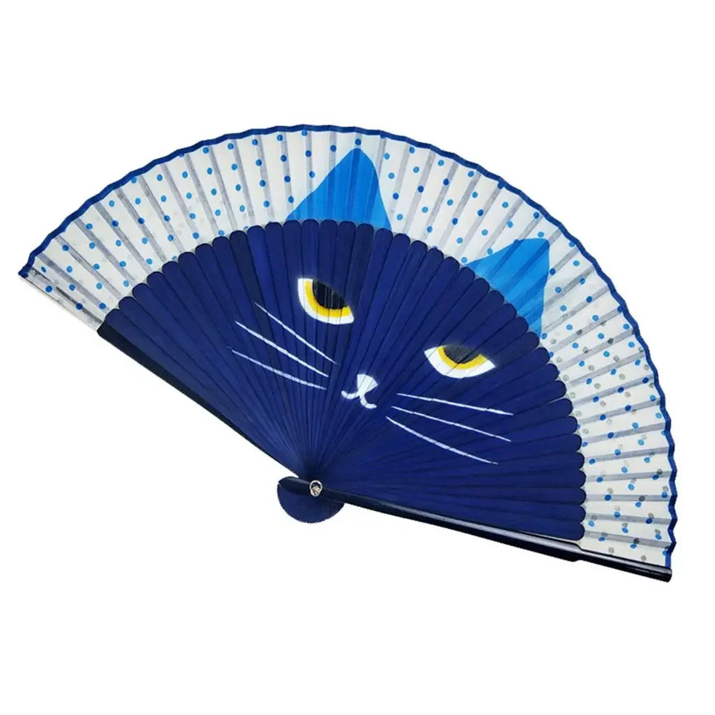 1 pcs Exiquisite Cartoon Summer Gift Bamboo Wooden Cat Patterns Folding Fan Home Decoration Fan Crafts Silk Fan Oasis Select blue