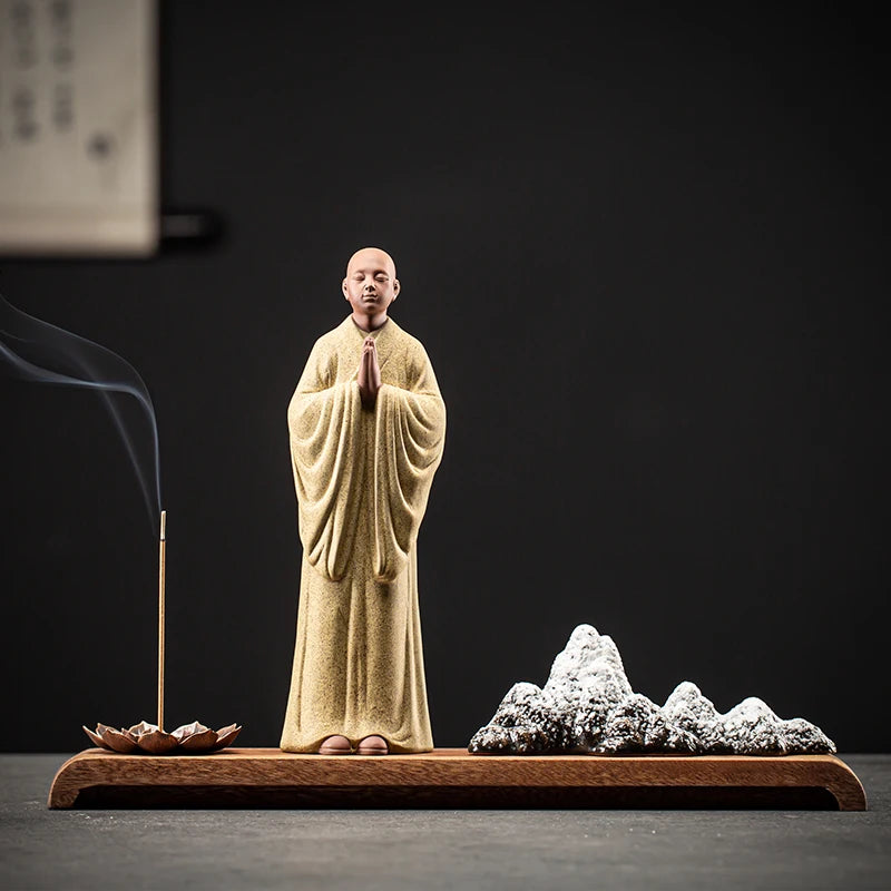 Chinese Zen purple sand little monk decoration home Buddha decorative arts and crafts teahouse tabletop ceramic incense tea pet Oasis Select B