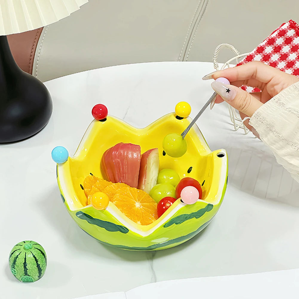 Watermelon Ceramic Fruit Bowl with Forks | Large Capacity