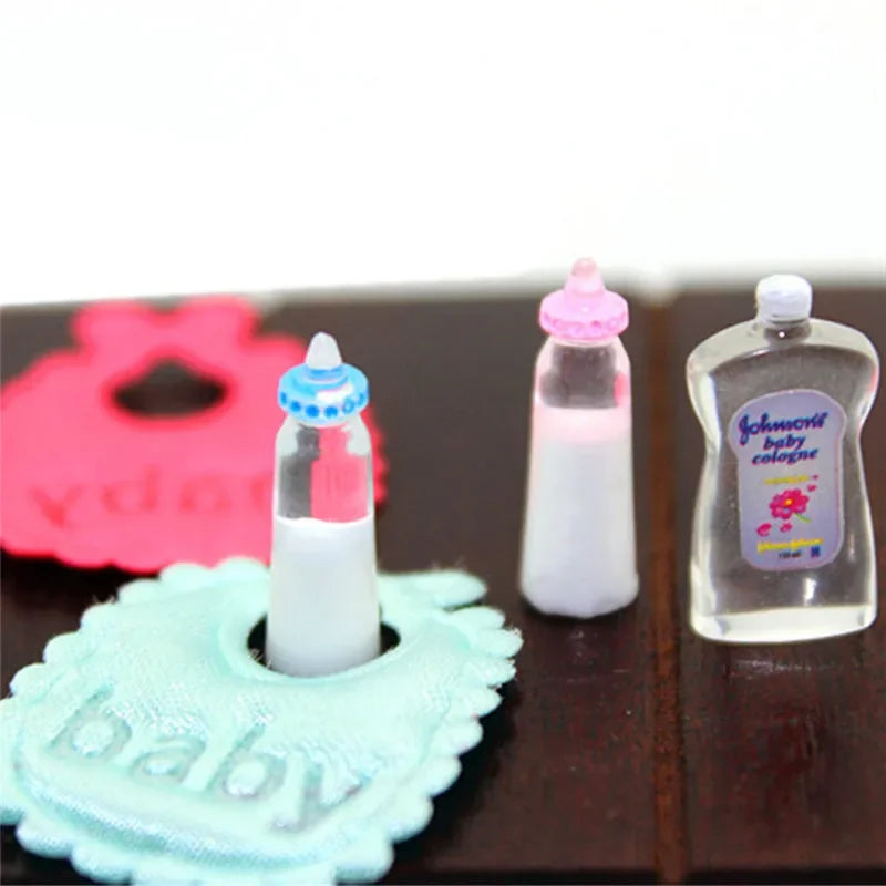 1:12 Dolls House Miniature Baby Bottles Shampoo Bibs Set Nursery Accessory Gift Oasis Select