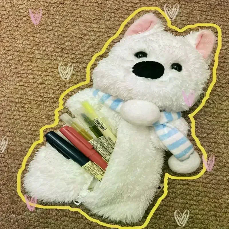 1Pcs Cute Animal Pencil Box Cartoon Puppy Plush Doll Pencil Case Large Capacity Stationery Storage Bag Makeup Bag Oasis Select
