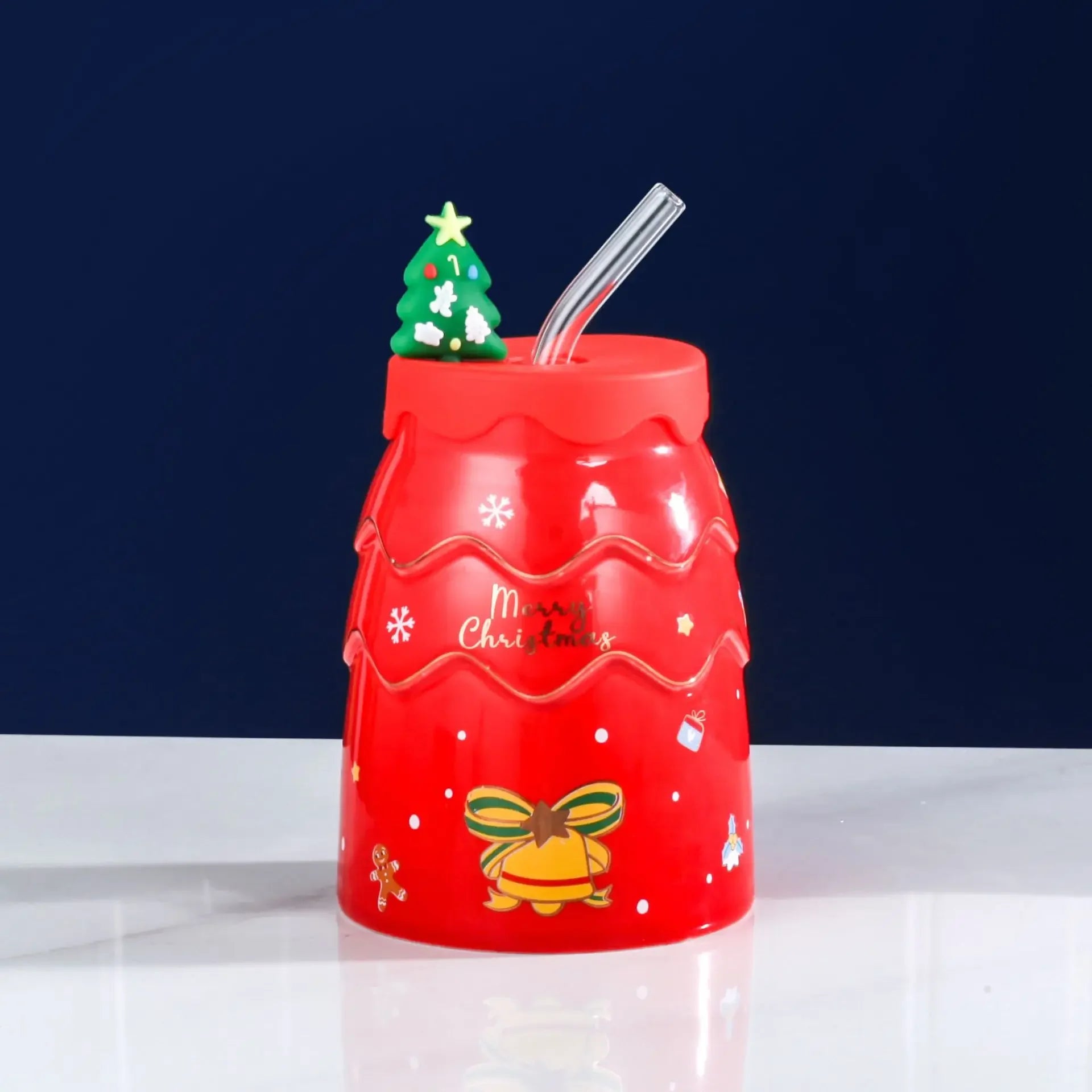 Christmas Creative Elk Snowman Ceramic Cup Creative Christmas Tree Cup with Lid Straw Gift Practical Cartoon Cup Oasis Select Red 450ml