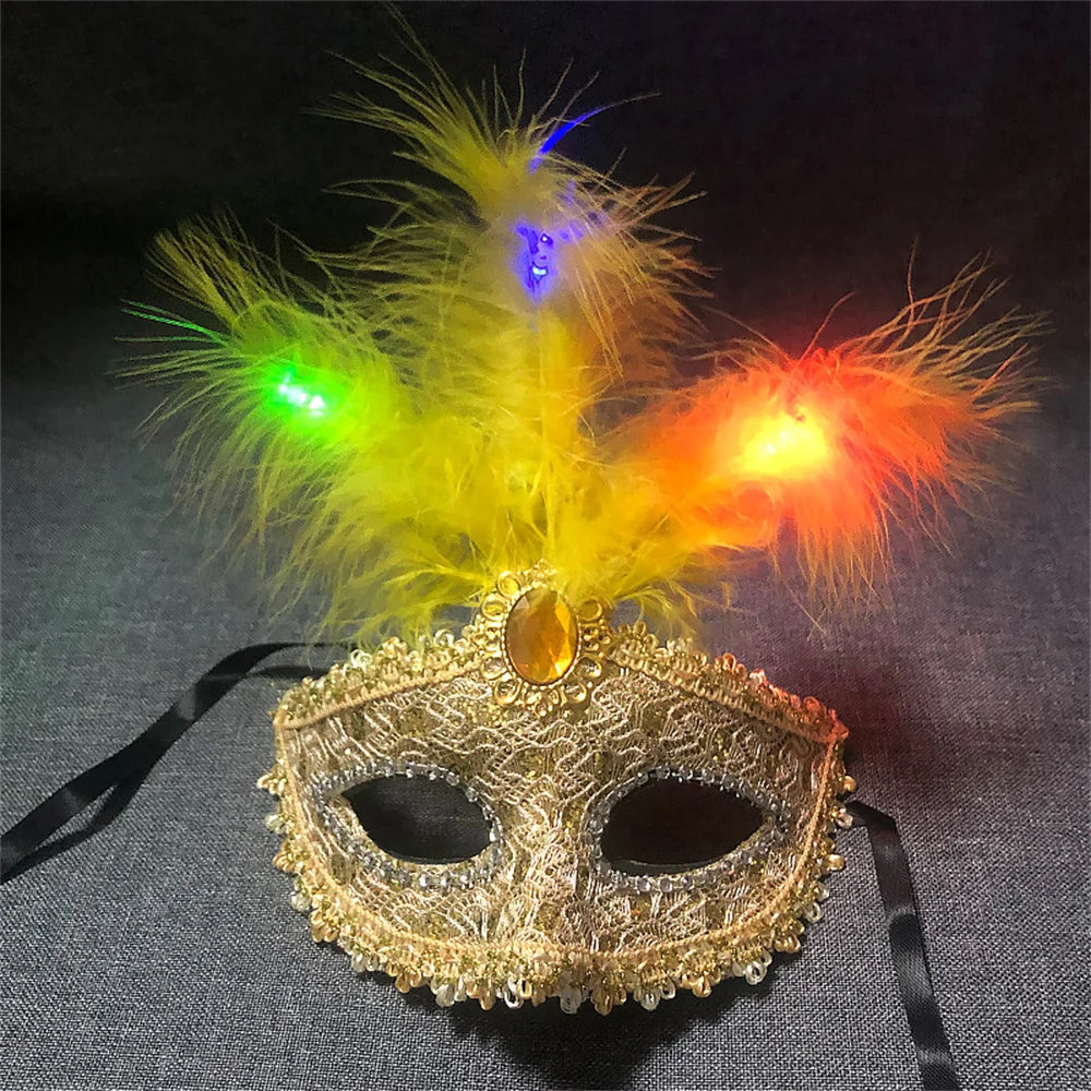 Women LED Party Mask Masquerade Luxury Peacock Feathers Half Face Mask Cosplay Costume Venetian Mask Oasis Select Yellow