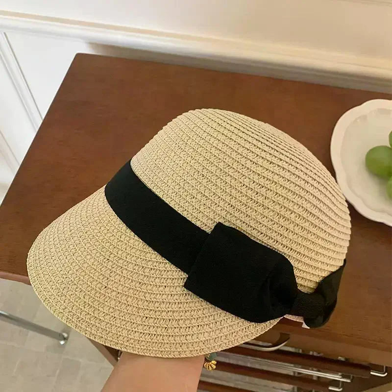 Women's Summer Straw Hat French Flat Top Vintage Bow Sun Visor Cap For Outdoor Travel Beach Vacation Sunscreen Headwear Oasis Select