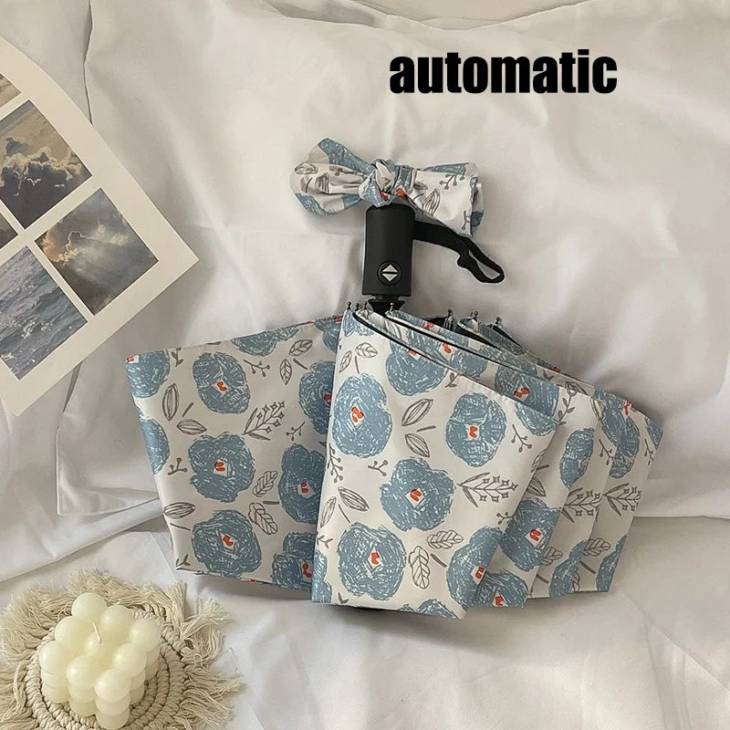 Blue floral automatic umbrella black vinyl dual-use for sunny and rainy sun protection UV protection folding portable umbrella. Oasis Select automatic 8K