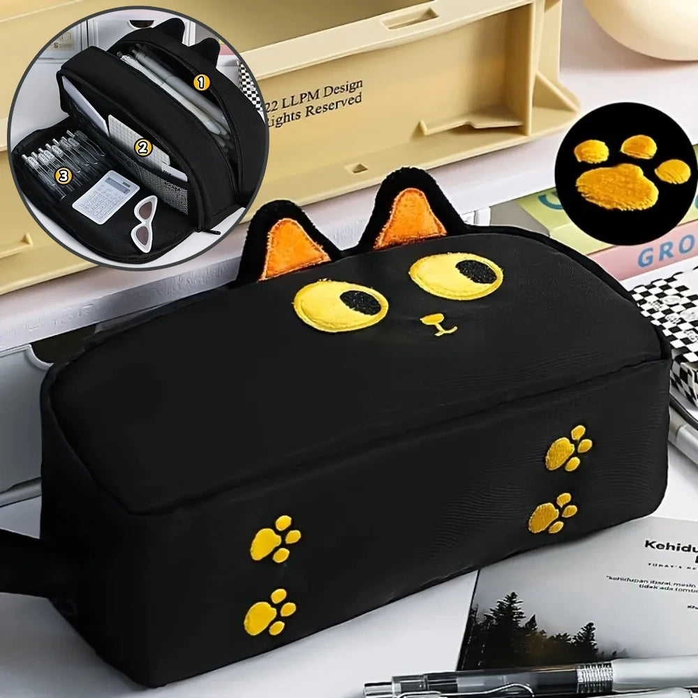 1pc Cute 3D Black Cat Pencil Bag,Large Capacity Polyester Pouch,Cute Paw Design for School Office,Gift for Cat Lover Pencil Case Oasis Select