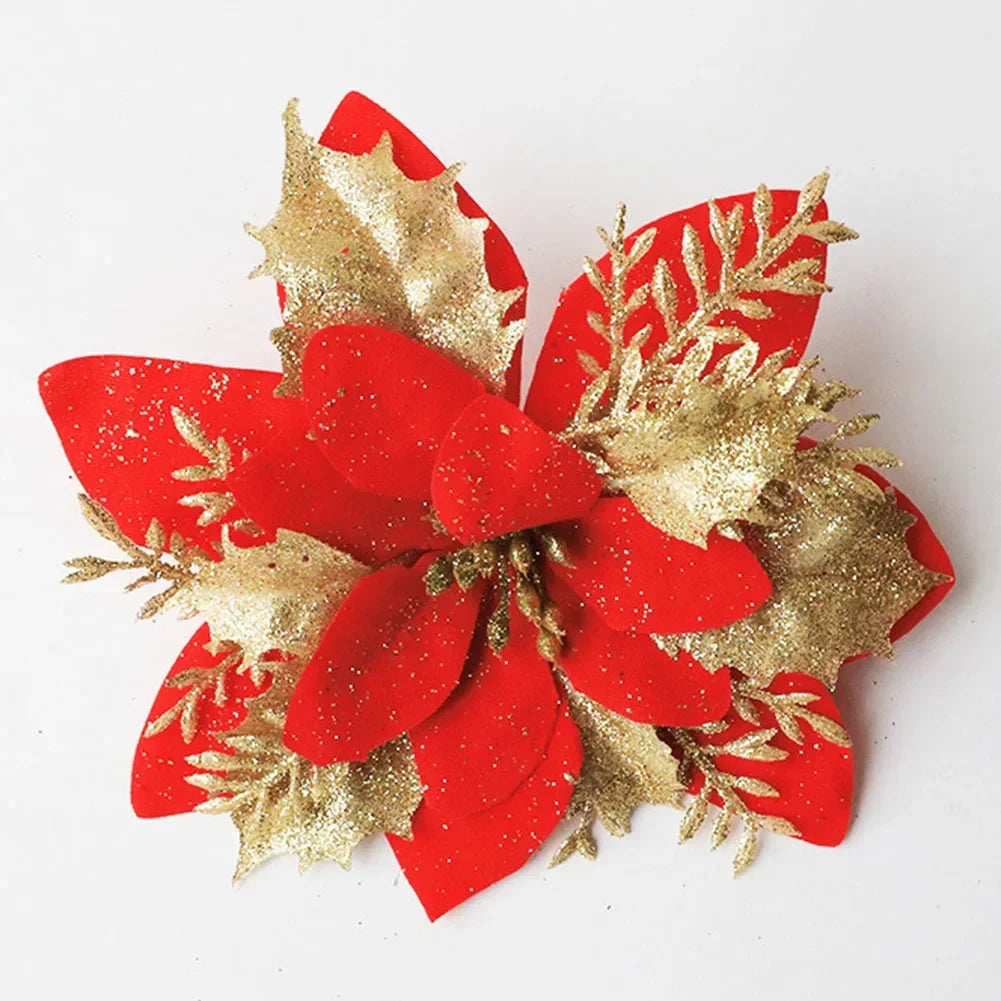 Christmas Poinsettia Glitter Flower Hanging Xmas Party Tree Decoration Xmas Tree Ornament Home Decoration Navidad New Year Oasis Select bright red China Mainland