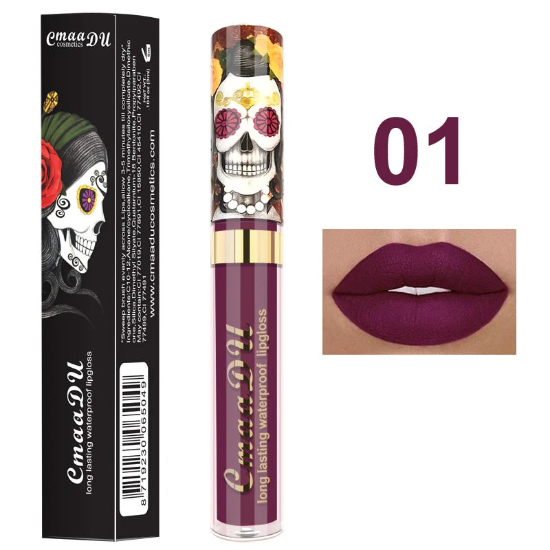 1pcs Matte Lip Gloss - Long-Lasting, Waterproof, Non-Fading, for All Skin Types - Vibrant Red Shades with Floral & Skull Designs Oasis Select 01