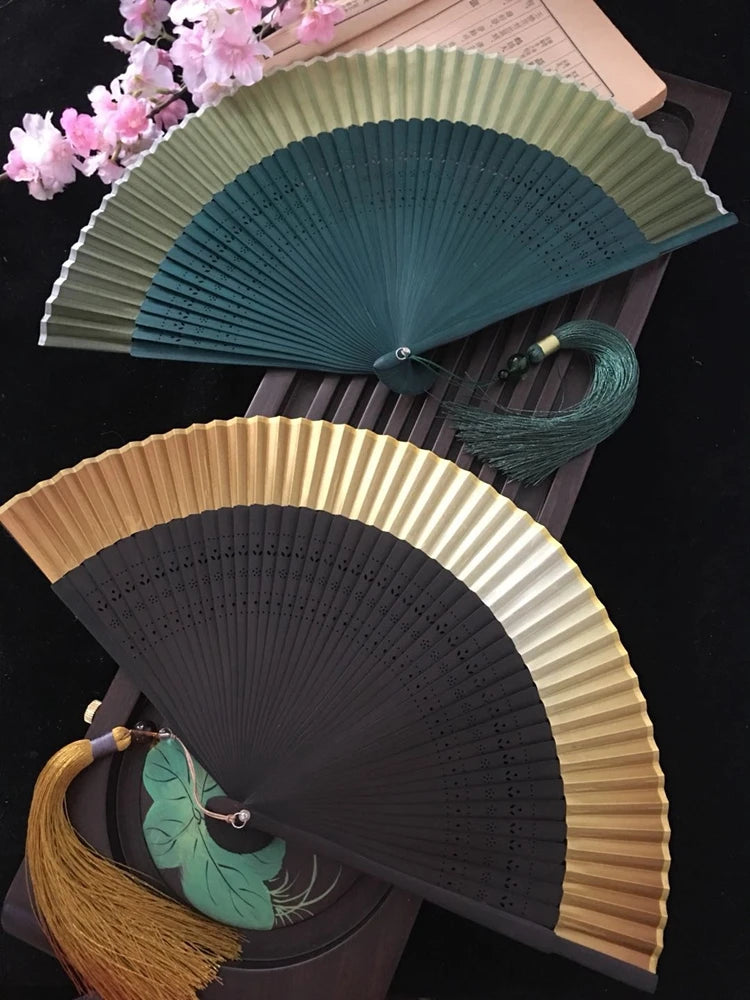 Edo Japanese Style Japanese Style Folding Fan Kimono Fan Real Silk Female Fan Small Flower Carved Gradient Blank Fan Golden Oasis Select