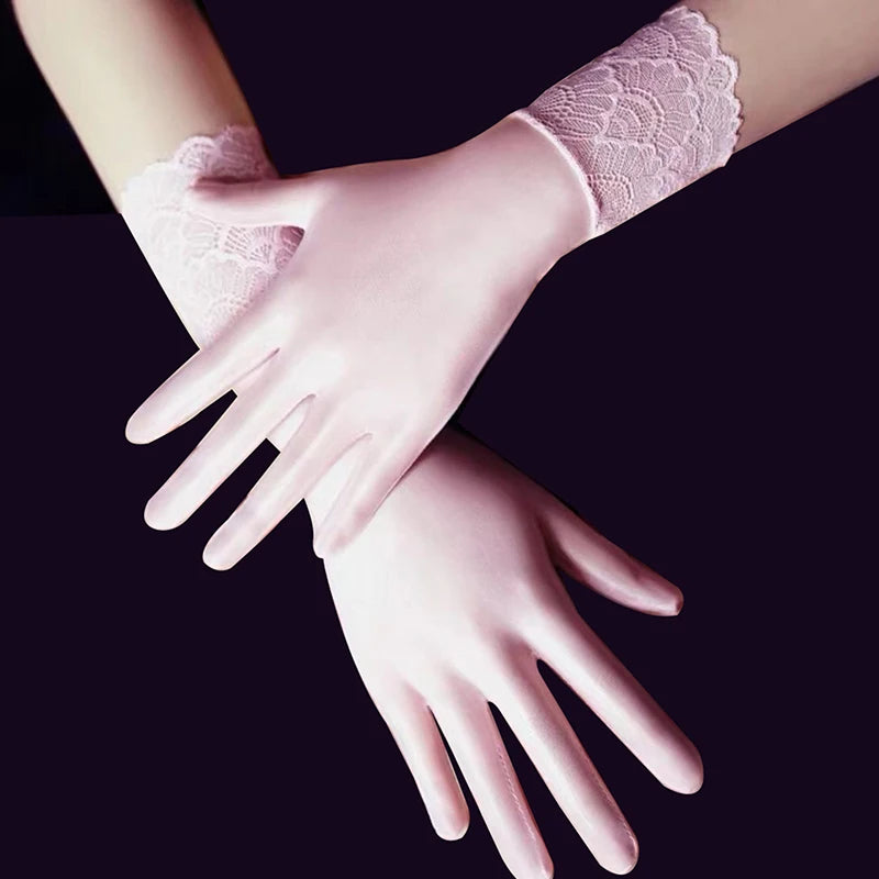 Women Oil Glossy Tight Stocking Gloves Sexy High Elastic Transparent Ultra-Thin Clubwear Short Wrist Gloves Oasis Select pink lace trim