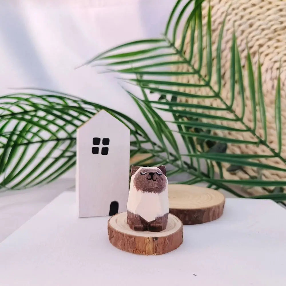 Mini Wooden Cat & Dog Figurine | Cute Painted Animal Statue