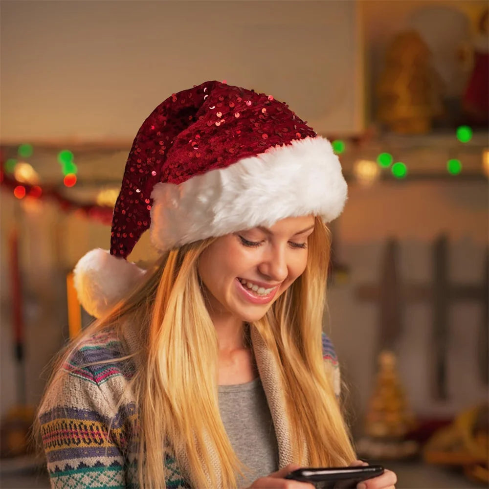 Double-Layer Sequin Santa Hat with Fluffy Pompom | Adults & Kids