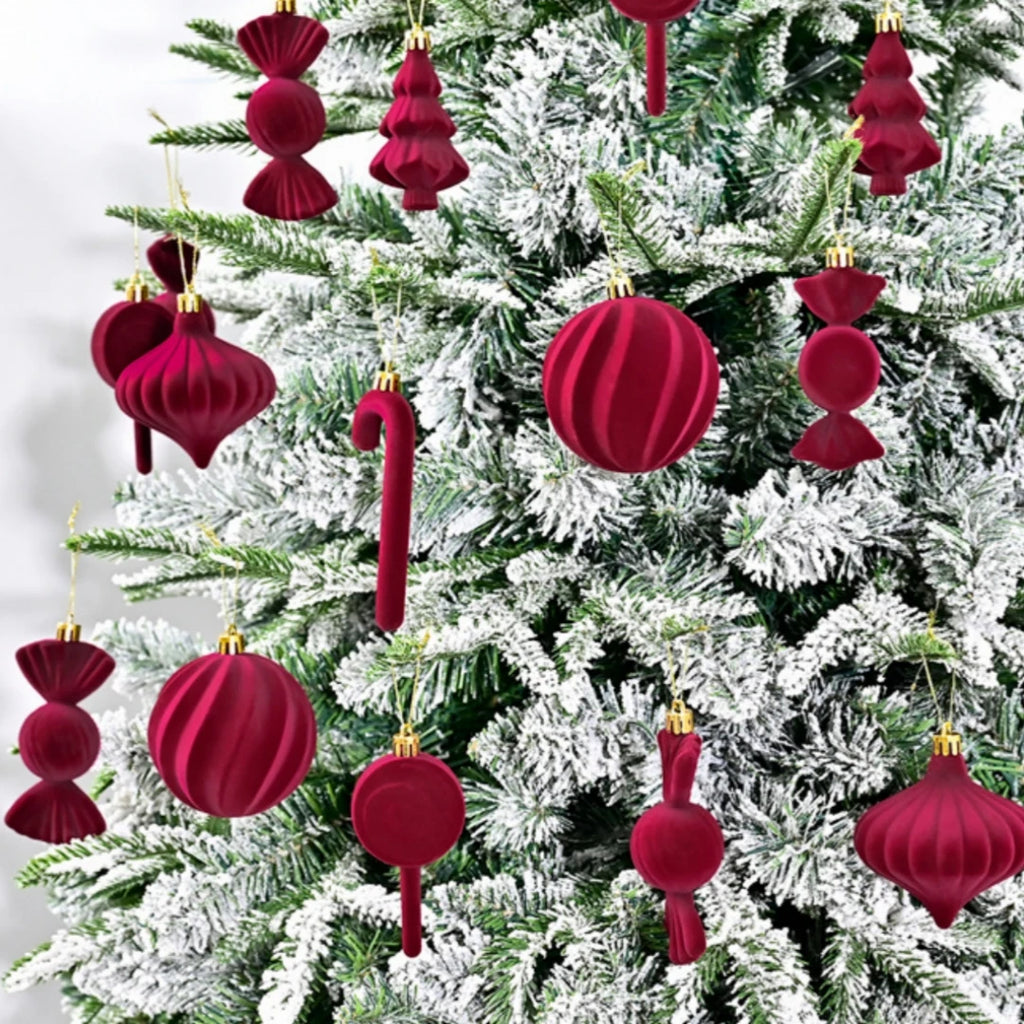 24pcs Flocked Christmas Ball Ornaments Velvet Pendant Christmas Tree Decoration Holiday Decoration for Christmas, New Year Oasis Select