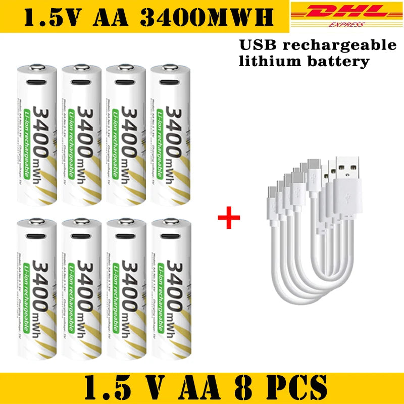 AAA and AA Rechargeable Batteries USB Lithium-ion 3400mWh 1.5V AA Rechargeable Batteries+800mWh 1.5V AAA Battery+ Type-C Cable Oasis Select 1.5V AA 8pcs-Cable