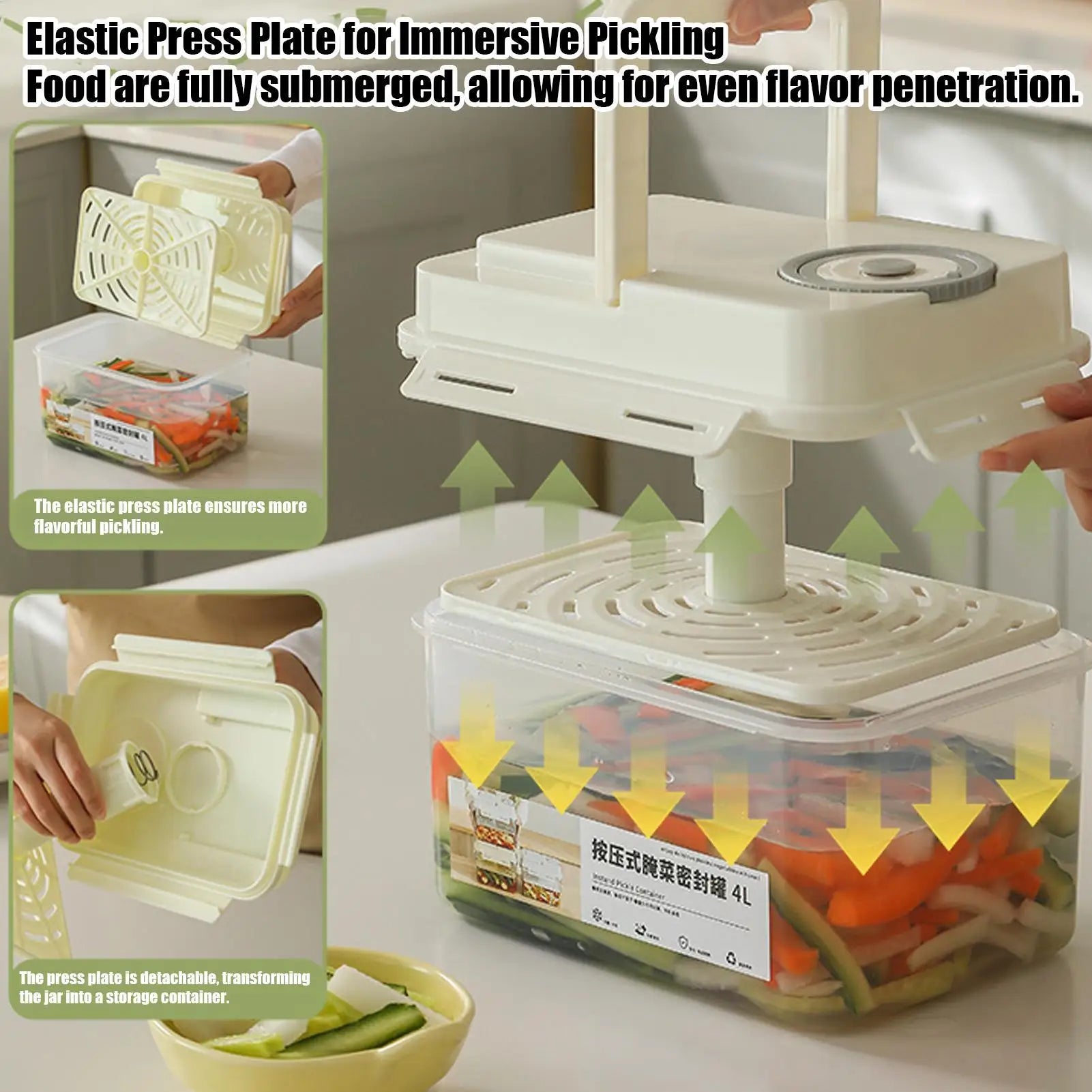 4L Pickle Jar with Press Plate Leakproof Kitchen Organizer Bins For Gherkin Sauerkraut Olive And Kimchi Storage Container Oasis Select